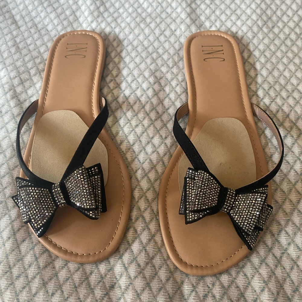 INC International Concepts Black Sandals with Rhinestone Bow